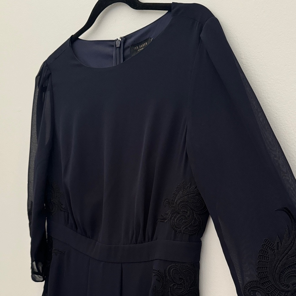 Ted Baker Navy Blue Sleeved Chiffon Dress with Black Embroidery Detail - Picture 4 of 7
